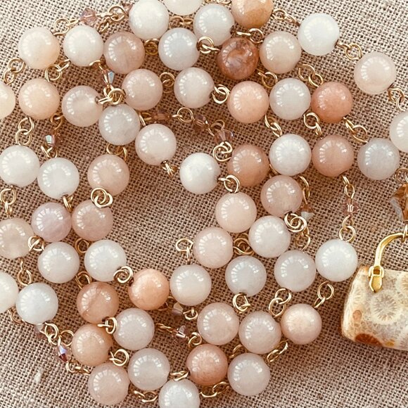 Gemstone Necklace, Peach Aventurine, Fossilized Coral Pendant, Swarovski Crystal - Picture 5 of 7